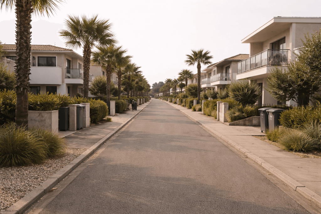 A quiet residential holiday area with modern low-rise homes, palm trees, and wide sidewalks, designed for calm and everyday living.
