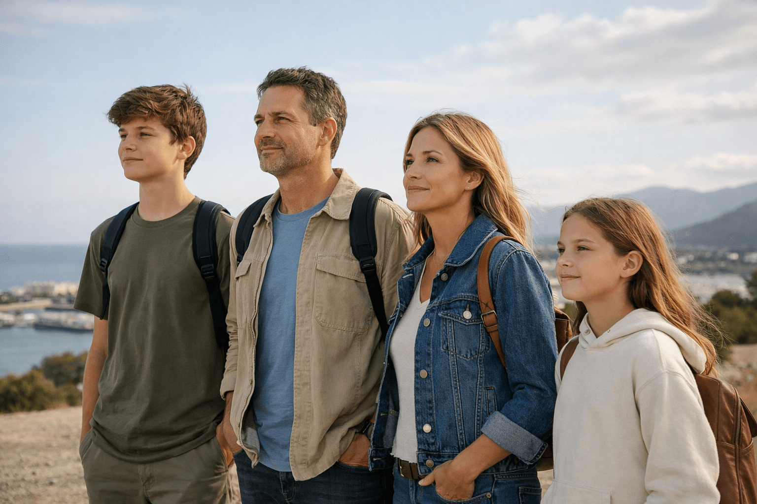 Family standing together in a spacious outdoor travel setting, conveying ease and confidence while traveling abroad.