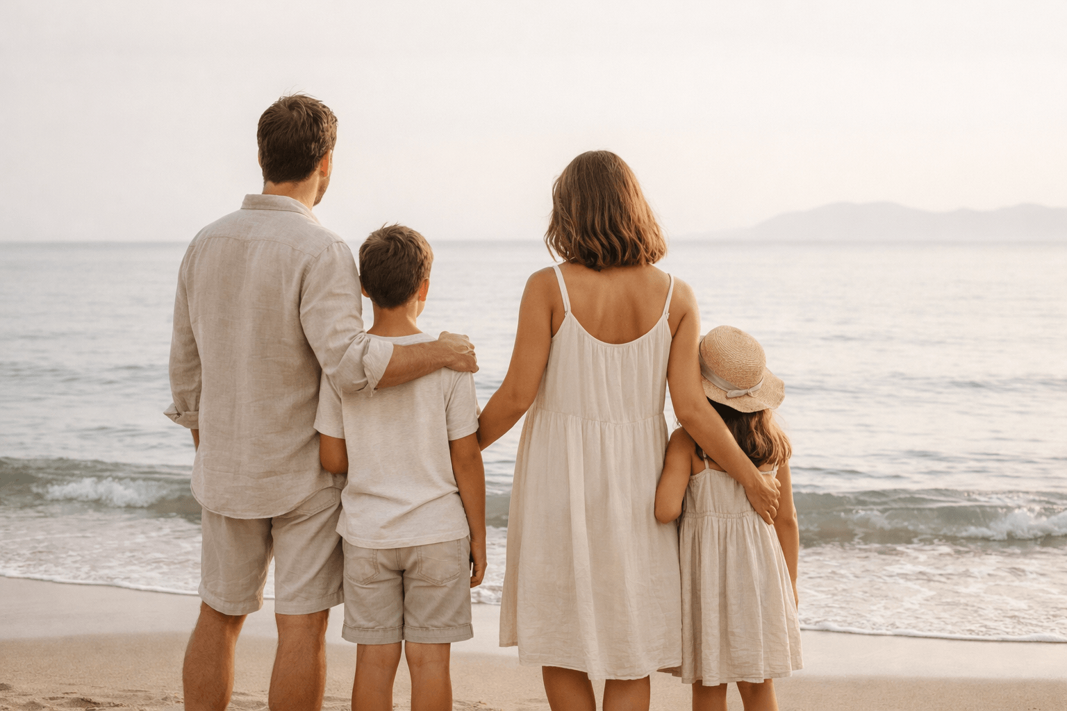 Family traveling with autistic children looking at the sea during a trip